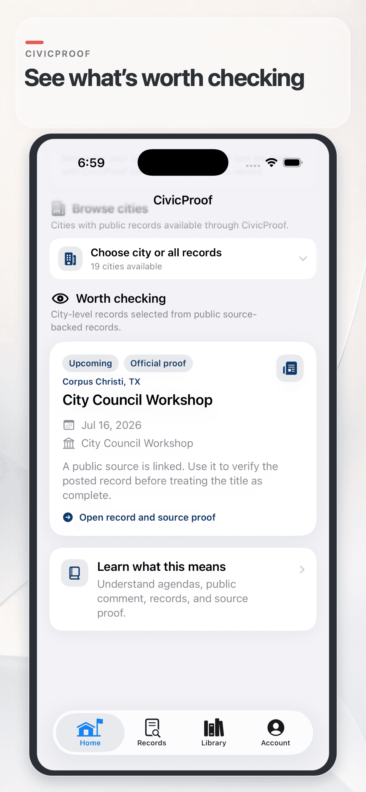 CivicProof for iPhone showing a source-linked Corpus Christi City Council Workshop record